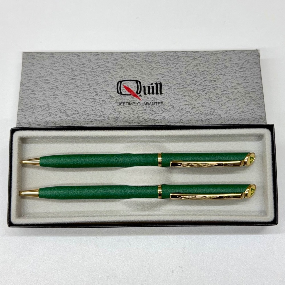 Vintage Quill Pen and Pencil Set Green Gold Tone USA Made with Original Box